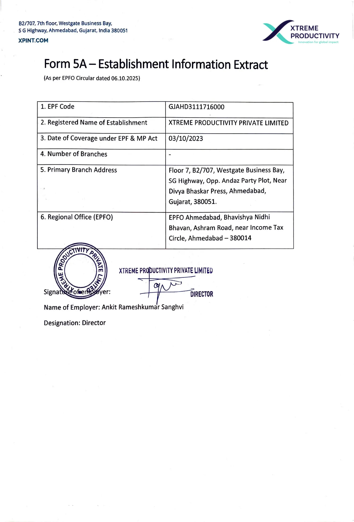 Certificate for Xtreme Productivity office in India for EPFO requirement