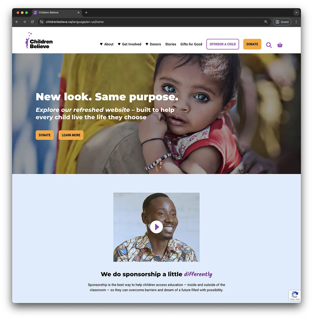 The new homepage for Children Believe