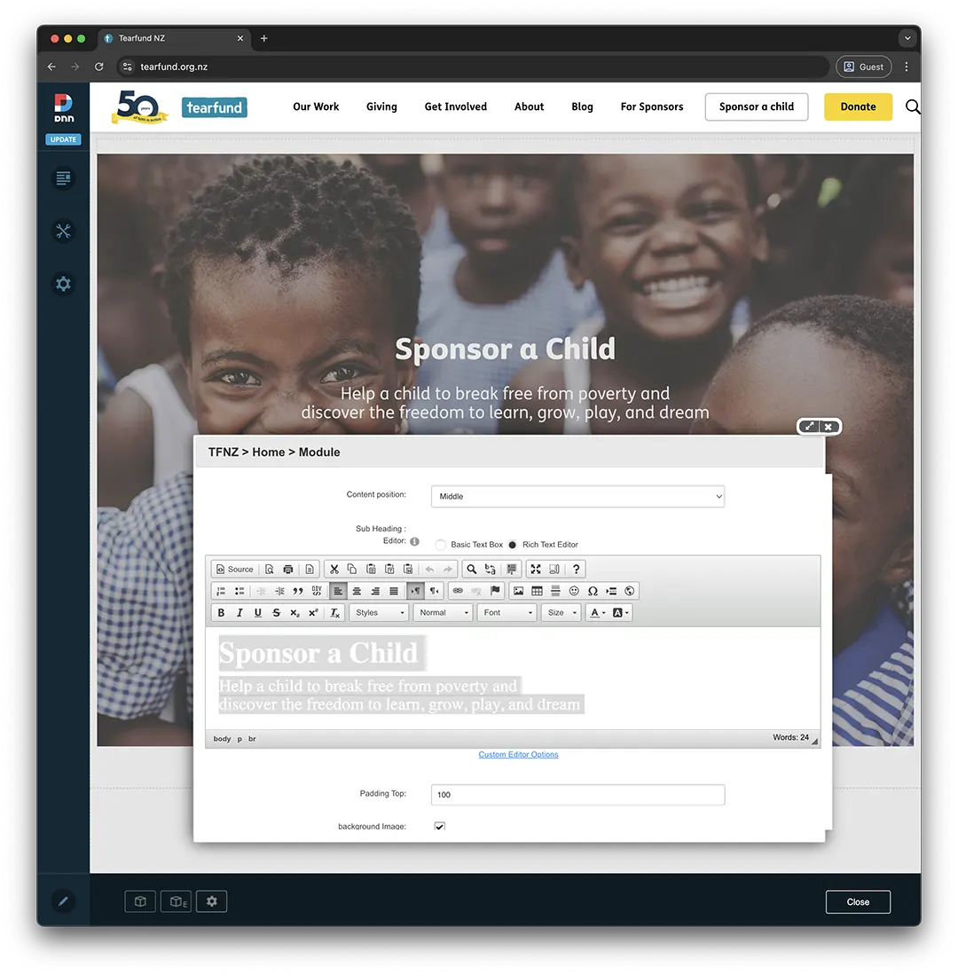 tearfund NZ website, logged into DNN edit mode
