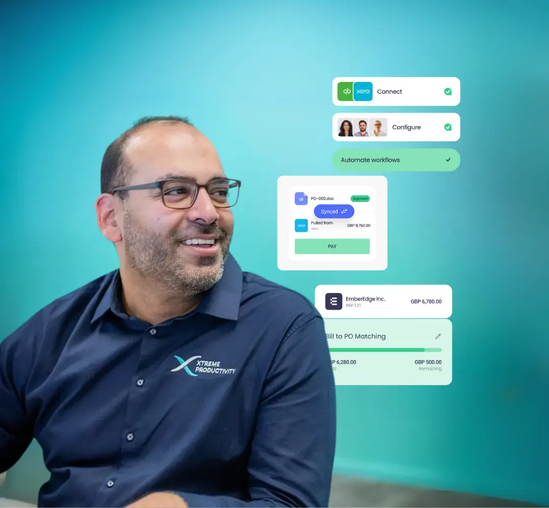 staff from xtreme productivity is smiling and looking left. He is looking at floating screenshots of approvalmax features